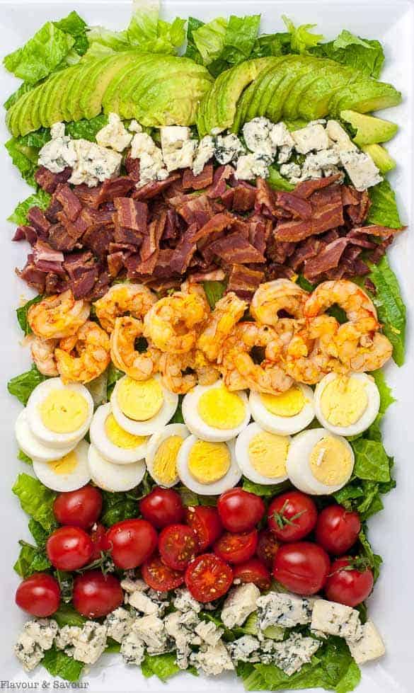 Lemon Garlic Shrimp Cobb Salad on a large platter