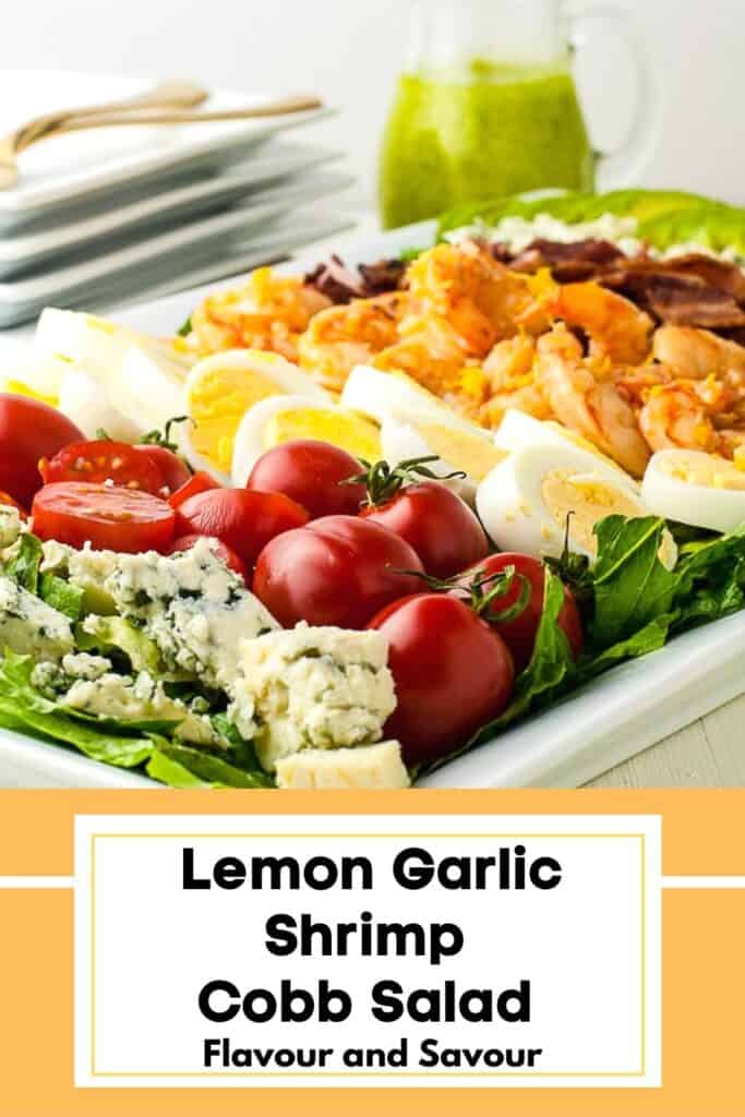 Image with text overlay for Lemon Garlic Shrimp Cobb Salad
