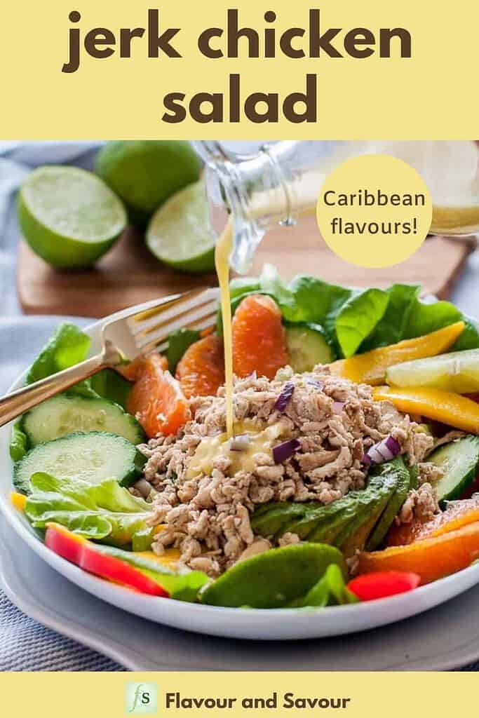 Caribbean Jerk Chicken Salad with text overlay