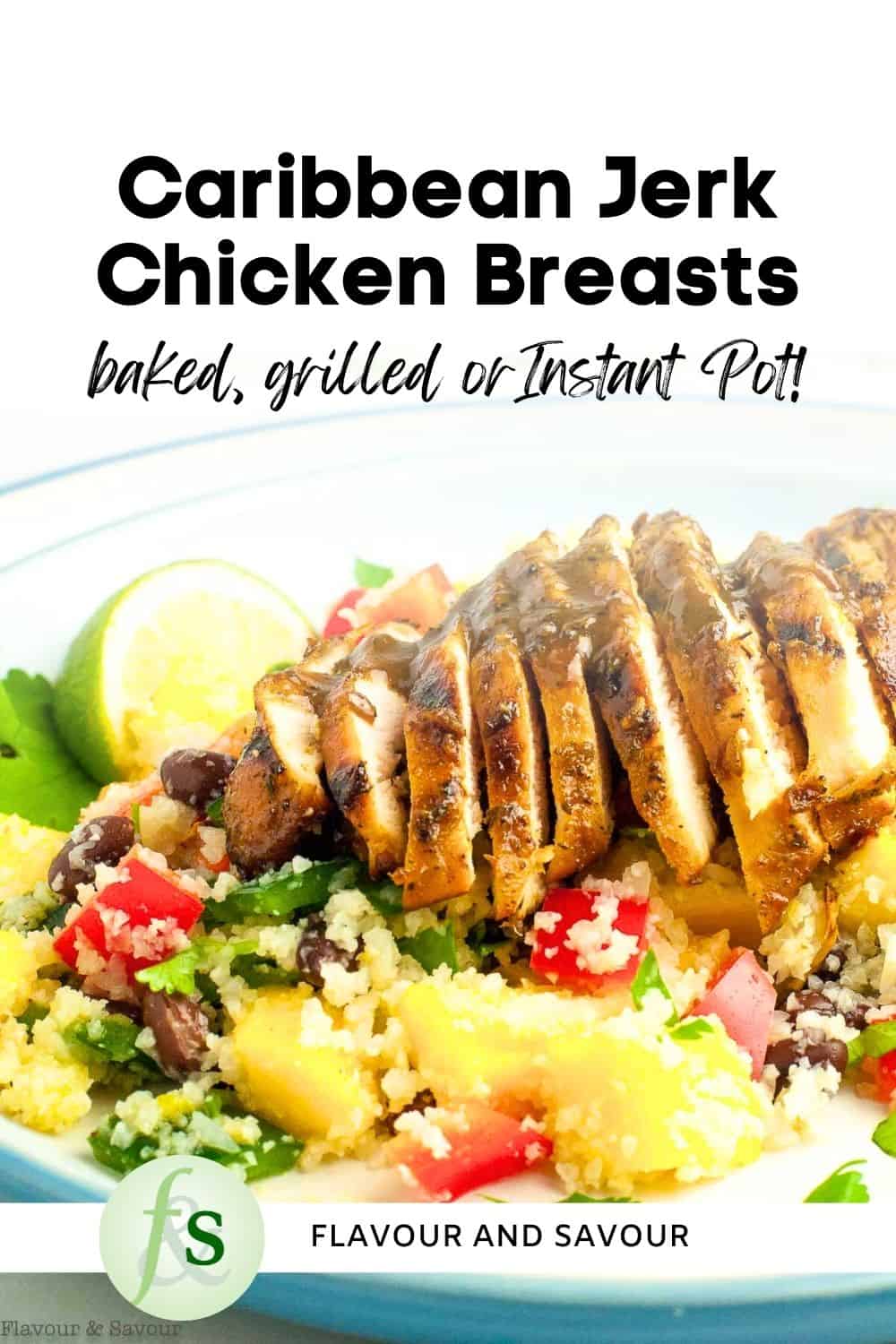 Image with text overlay for Caribbean Jerk Chicken Breasts.