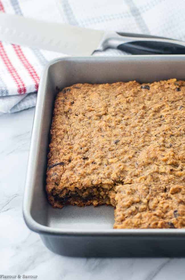 Chocolate Cherry Chia Oatmeal Bars in a baking pan