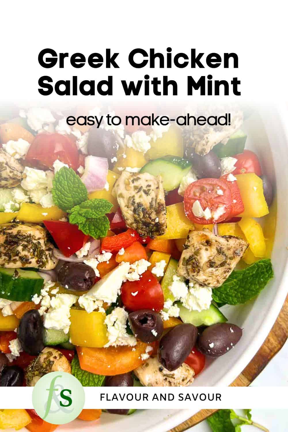 Image with text for Greek Chicken Salad with Mint.