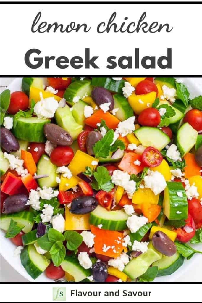 Marinated Lemon Chicken Greek Salad with text overlay