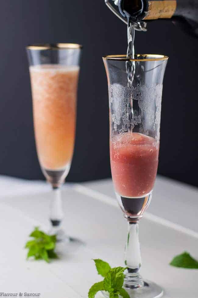 Pouring Rhubarb Bellini Prosecco Cocktail