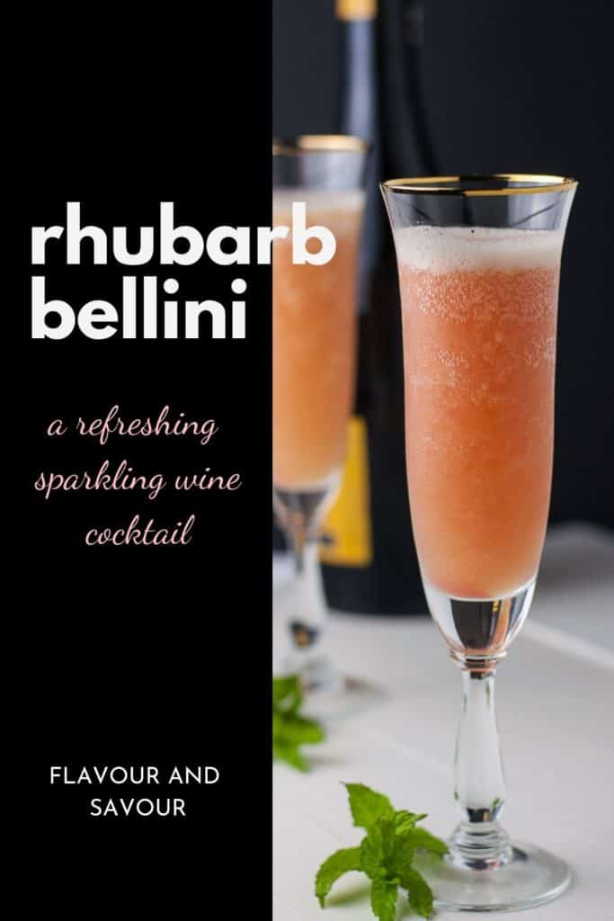 Rhubarb Prosecco Bellini a refreshing sparkling wine cocktail with text overlay