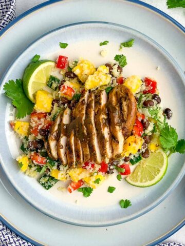 overhead view of a plate with Caribbean Jerk Chicken Breasts