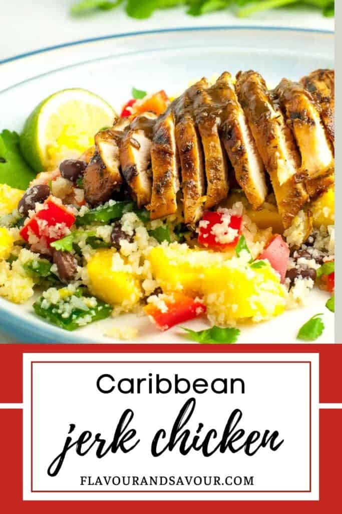image with text for Caribbean jerk chicken breasts.