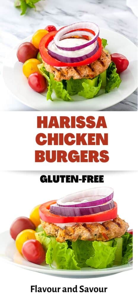 Collage of images with text for gluten-free harissa chicken burgers.