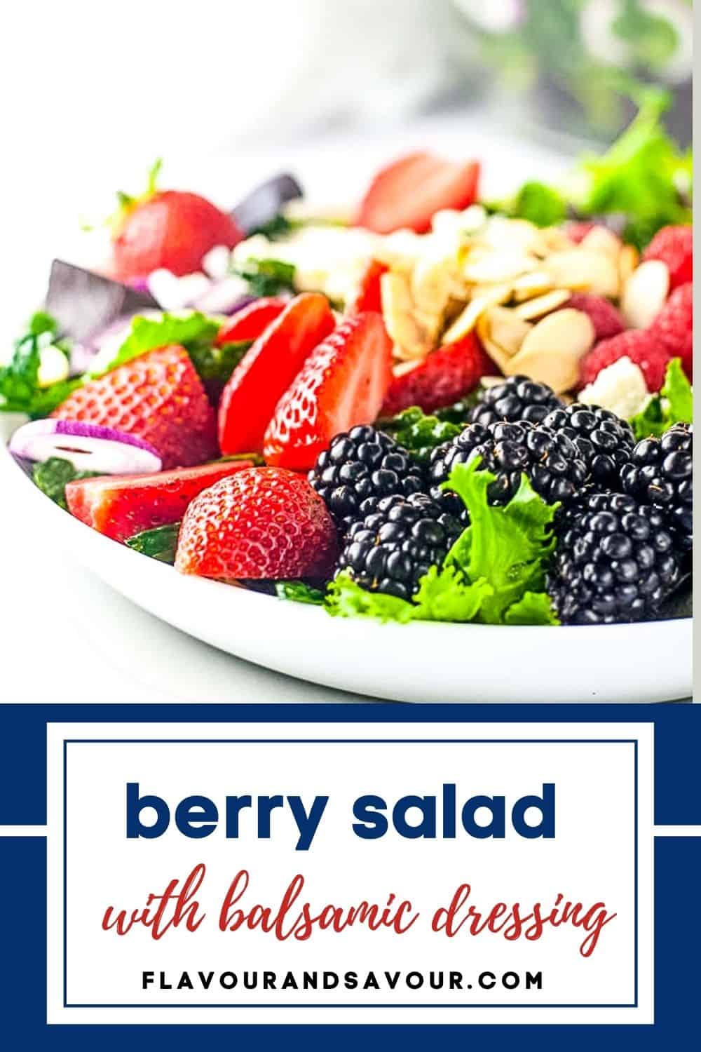 image with text for mixed green salad with berries.
