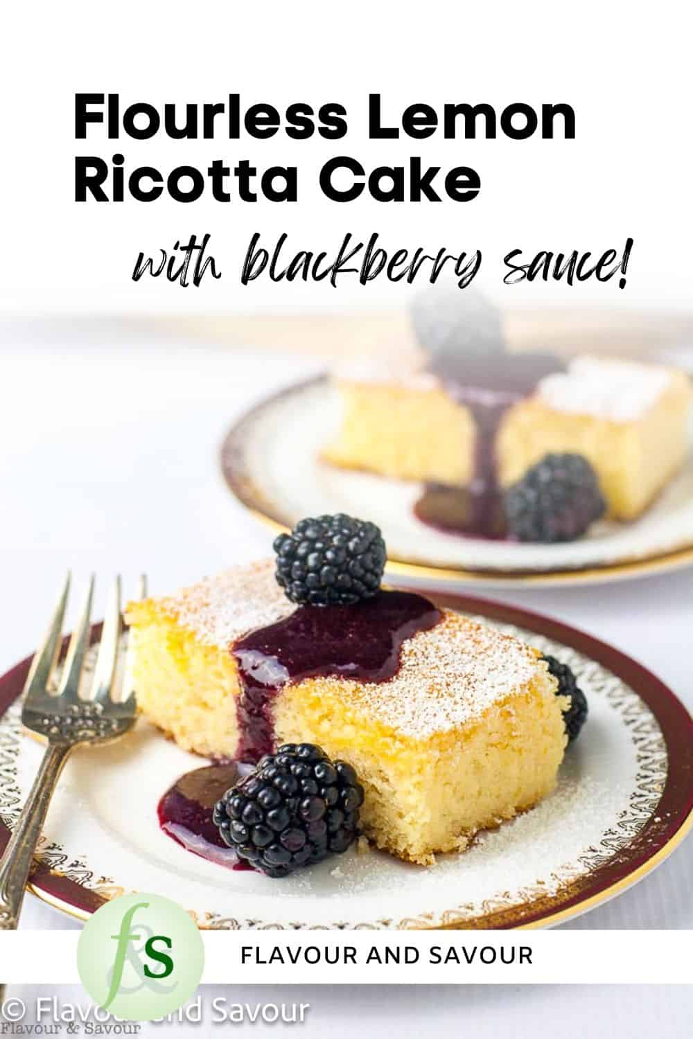 A slice of gluten-free lemon ricotta cake on a plate with blackberry sauce and fresh blackberries.