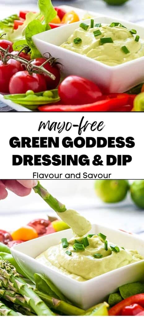 Two images with text for mayo-free Green Goddess dressing and dip.