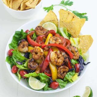 Shrimp Fajita Salad with Honey Lime Vinaigrette overhead view