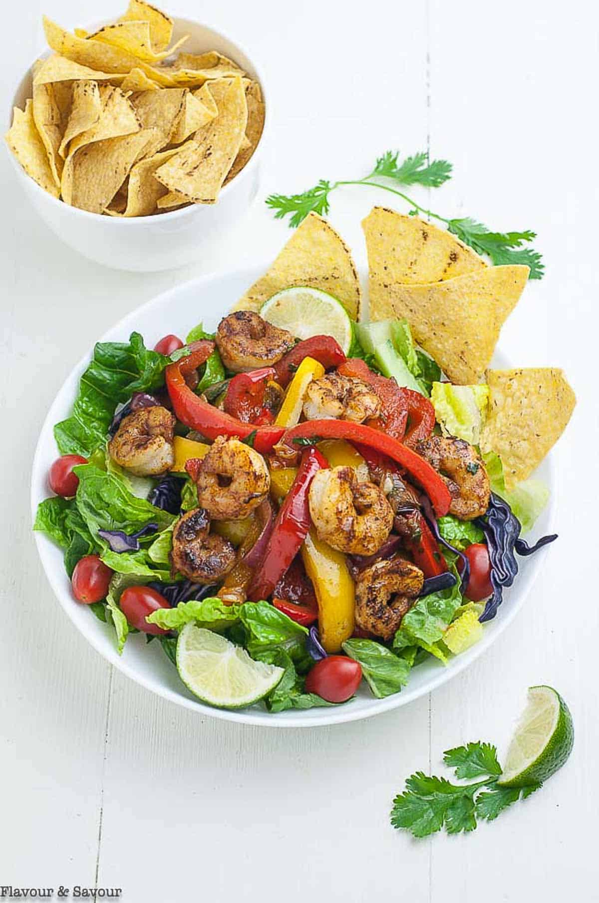 Shrimp Fajita Salad with tortilla chips overhead view