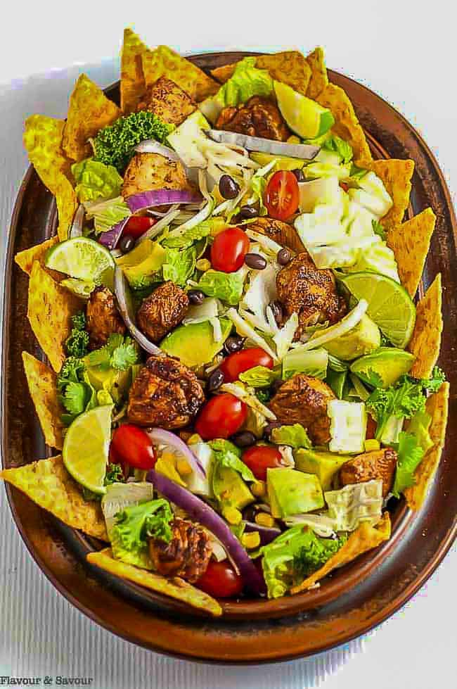 Skinny Chopped Chicken Taco Salad on a brown platter