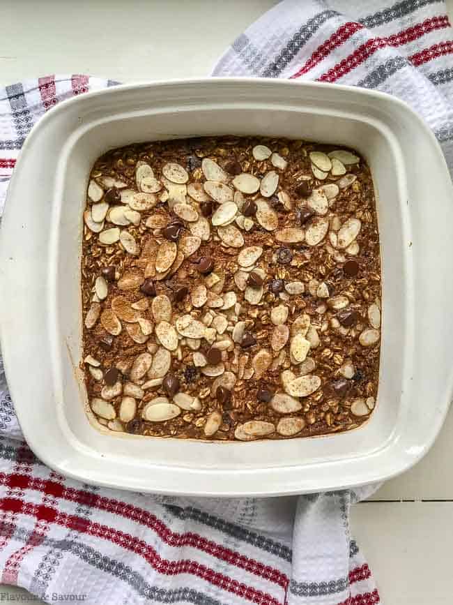 Chocolate Espresso Baked Oatmeal just out of the oven in a square pan