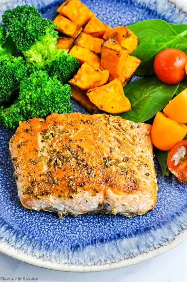 Salmon with broccoli and sweet potatoes