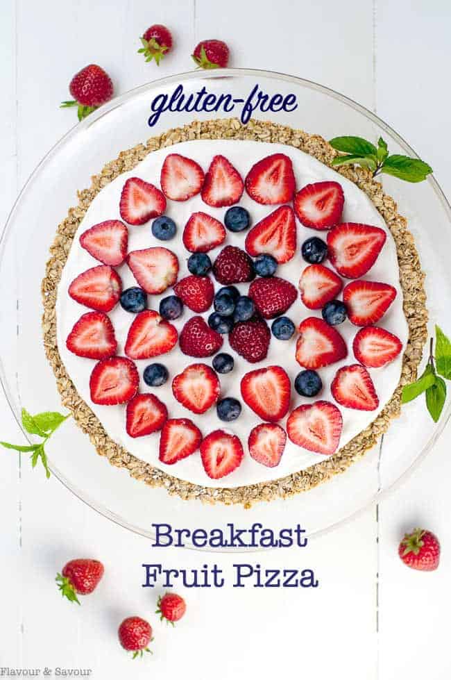 Gluten-free Fruit Pizza with yogurt, strawberries and blueberries
