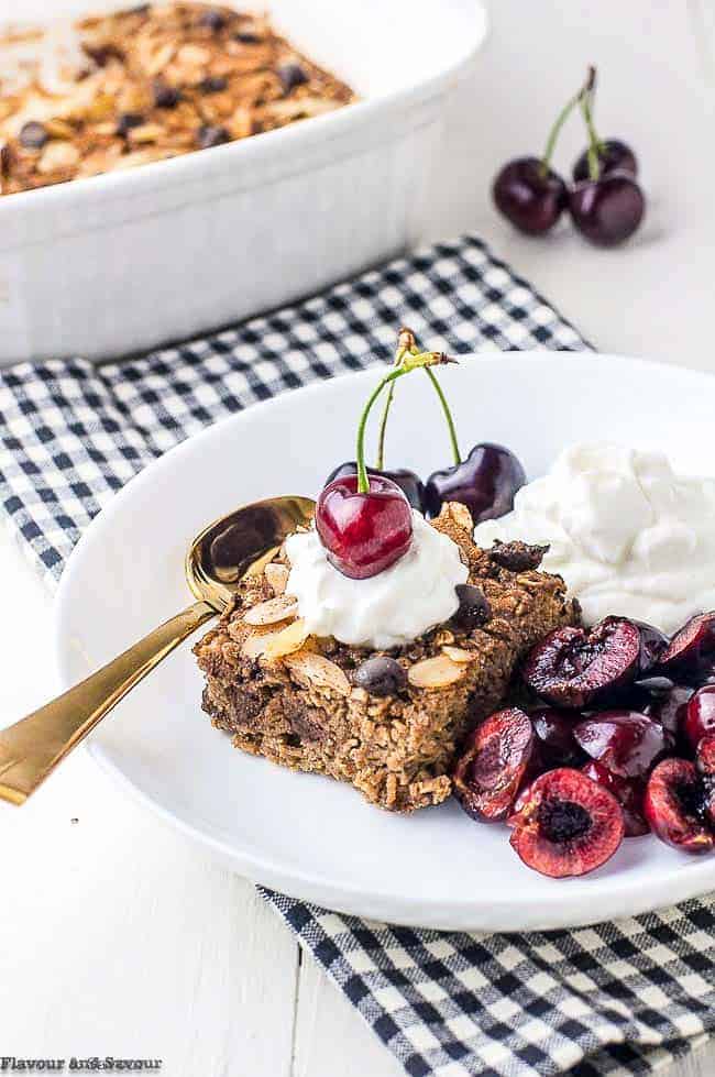 Chocolate Espresso Baked Oatmeal with cherries and yogurt