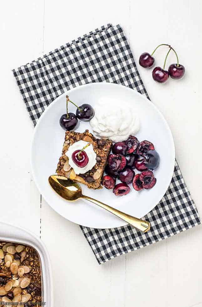 Chocolate Espresso Baked Oatmeal with cherries overhead view