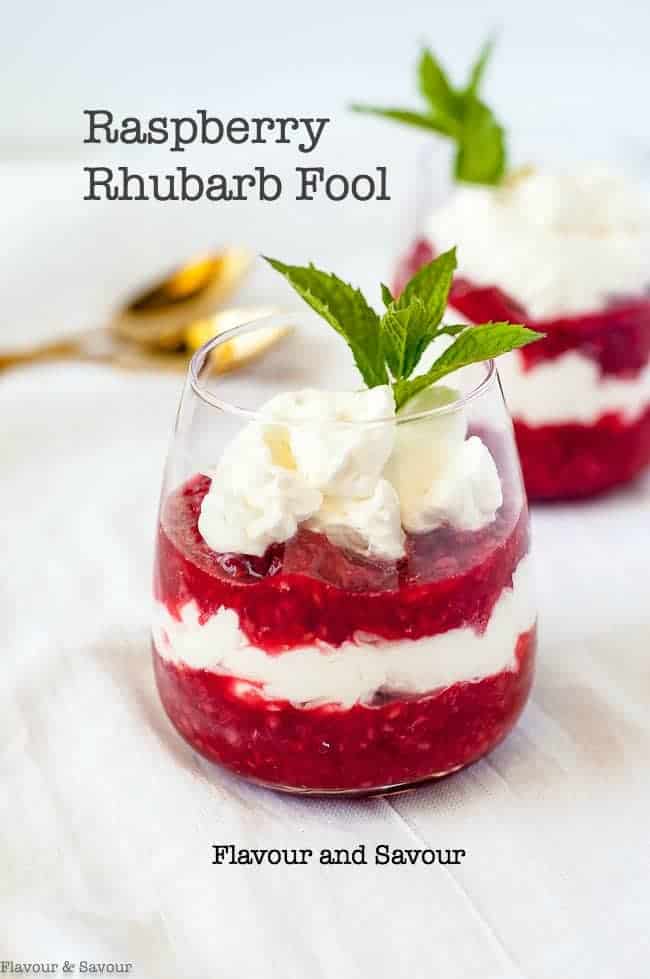 Easy Raspberry Rhubarb Fool layered in a dessert glass with mint