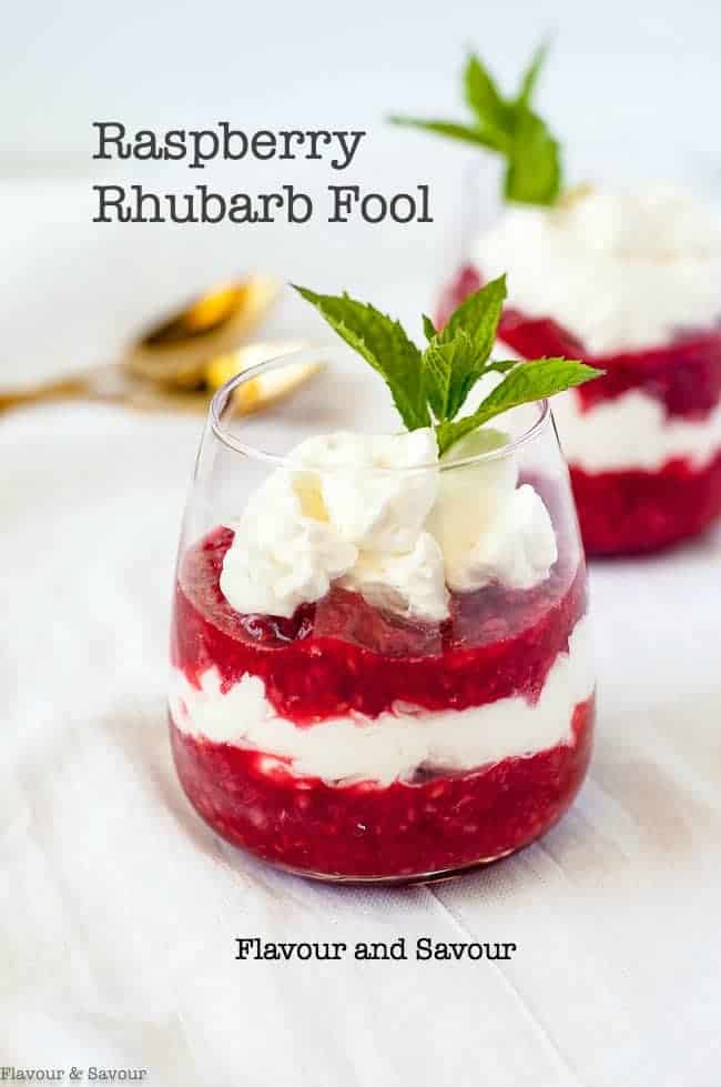 Easy Raspberry Rhubarb Fool layered in a dessert glass with mint