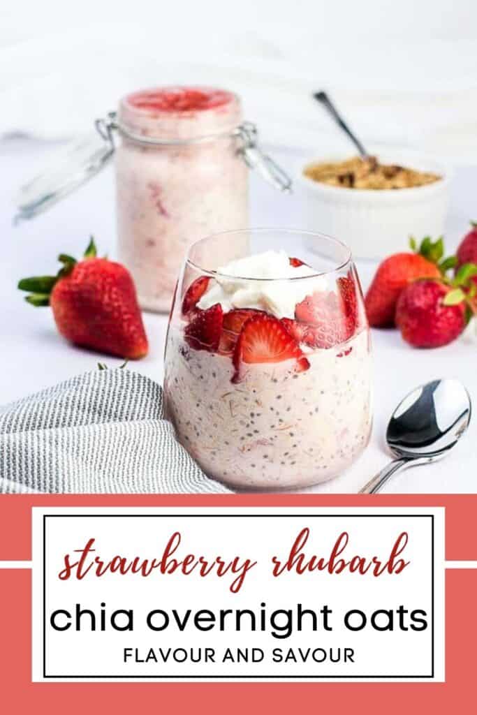 Image with text for strawberry rhubarb overnight oats.