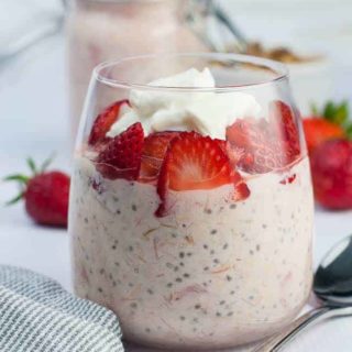 Close up view of Creamy Strawberry Rhubarb Chia Overnight Oats