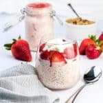Strawberry Rhubarb Overnight Oats in glass dishes.