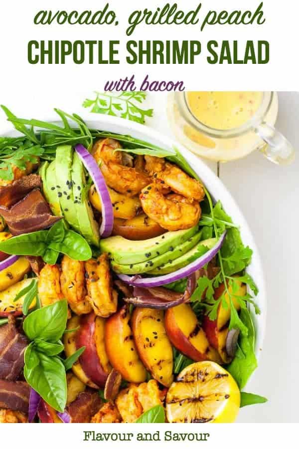 Pinterest pin for Avocado Grilled Peach and Chipotle Shrimp Salad