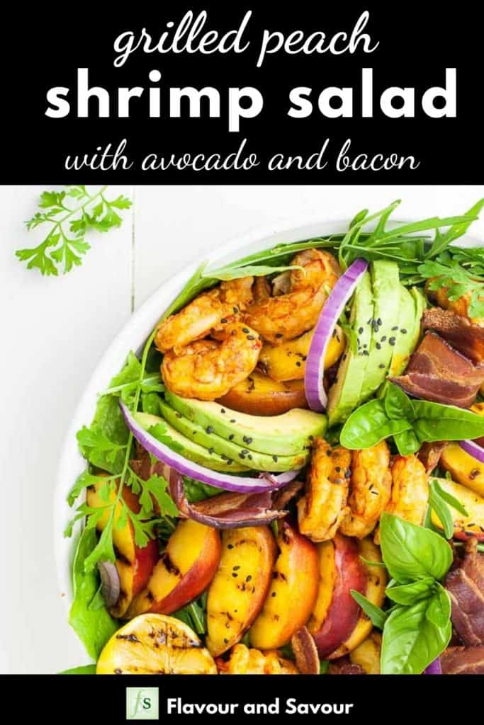 Grilled Peach Chipotle Shrimp Salad with text overlay