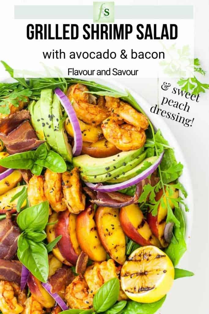 Image with text overlay for Grilled Shrimp Salad with avocado and bacon