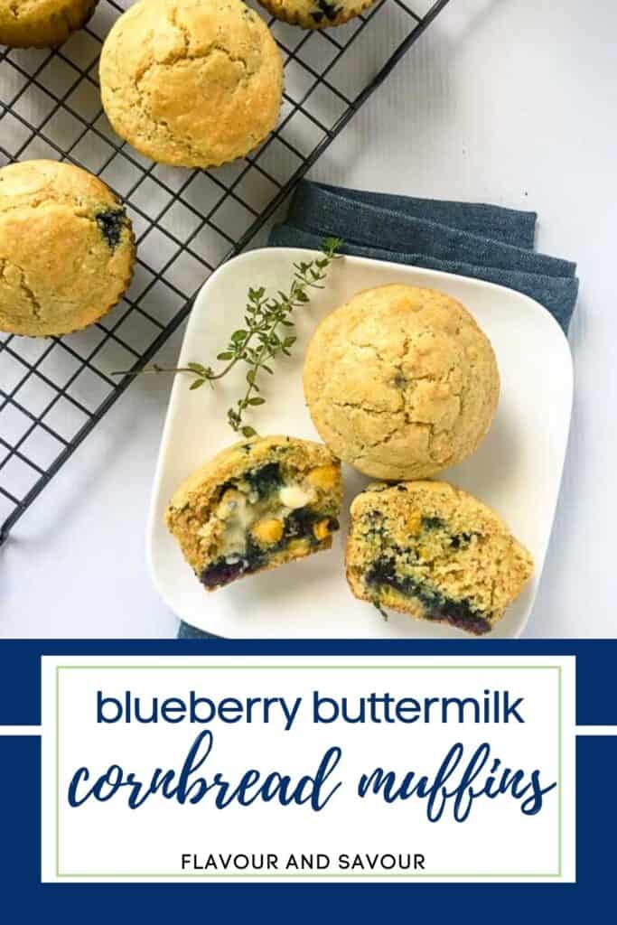 image with text overlay for blueberry buttermilk cornbread muffins