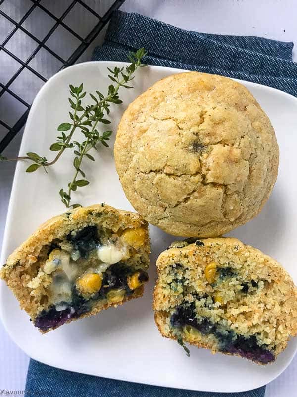 Close up view of Blueberry Buttermilk Gluten-Free Cornbread Muffins