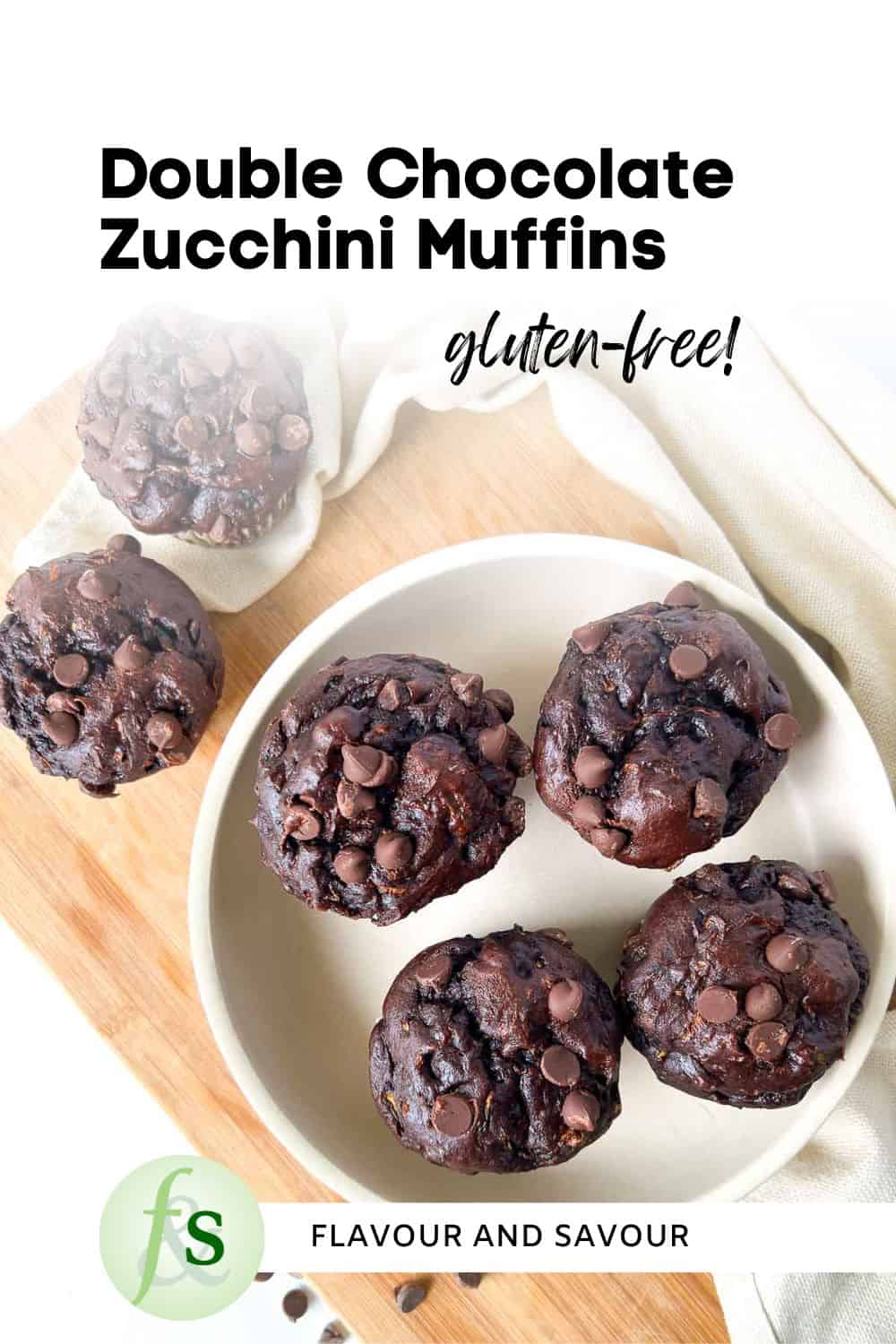 Image with text overlay for Gluten-free Double Chocolate Zucchini Muffins.