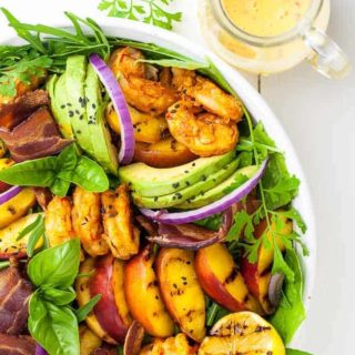 Grilled Peach Avocado Chipotle Shrimp Salad with dressing