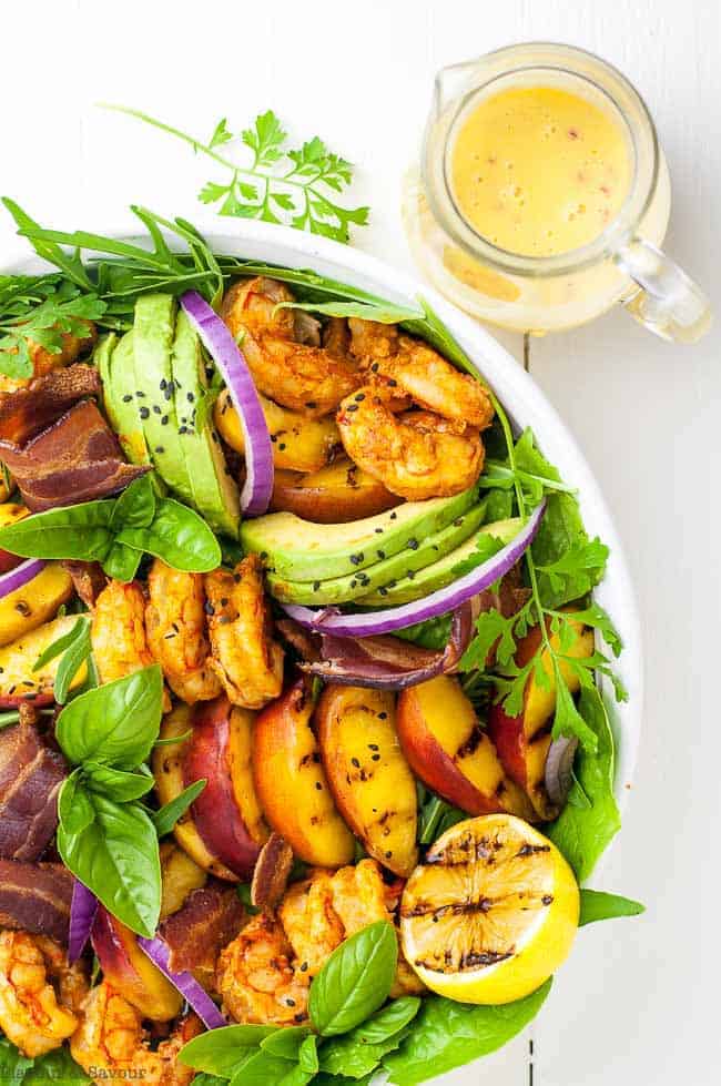 Avocado Grilled Peach and Chipotle Shrimp Salad with dressing on the side