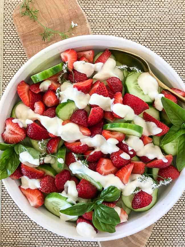 Strawberry Cucumber Salad with Creamy Lemon Dressing overhead view