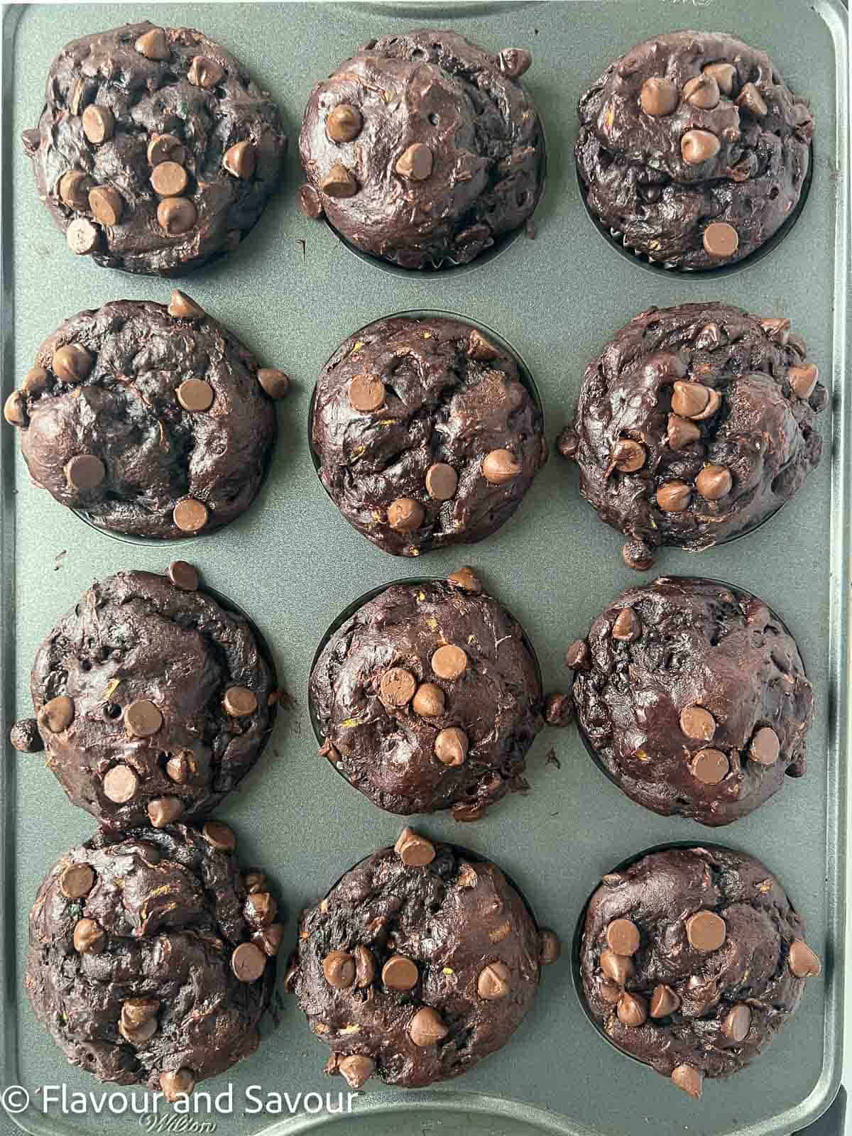 Baked double chocolate zucchini muffins in a muffin tin.