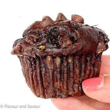 Side view of a gluten-free double chocolate zucchini muffin.