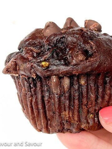 Side view of a gluten-free double chocolate zucchini muffin.