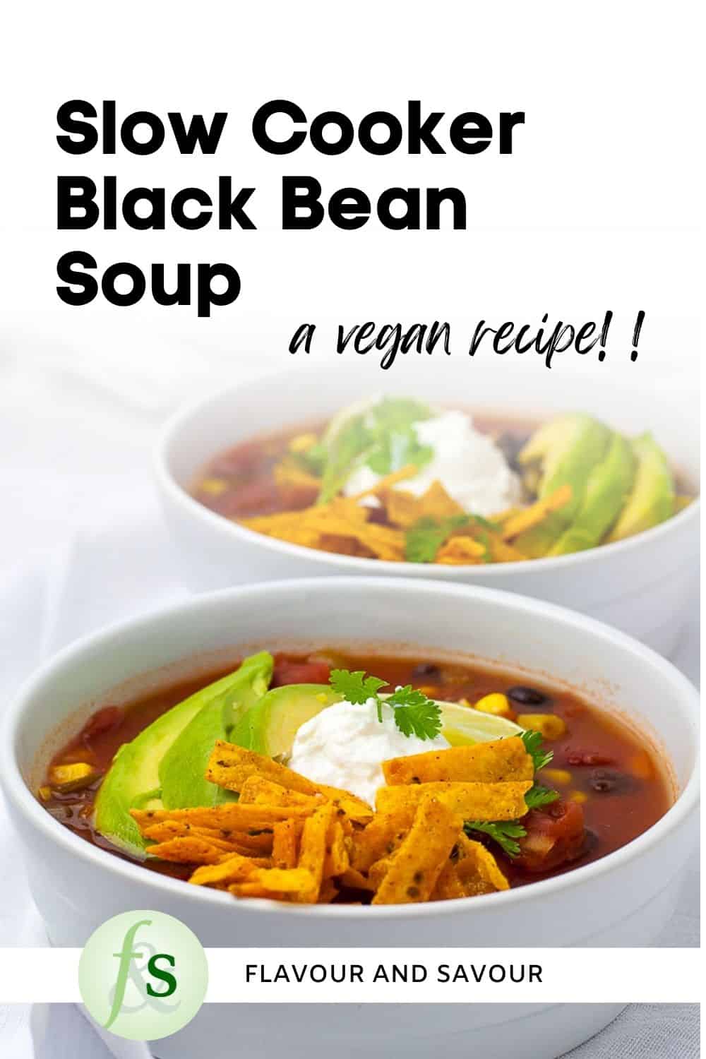 Image with text overlay for slow cooker vegan black bean soup.