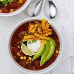 Slow Cooker Vegetarian Texas Black Bean Soup overhead view of 2 bowls