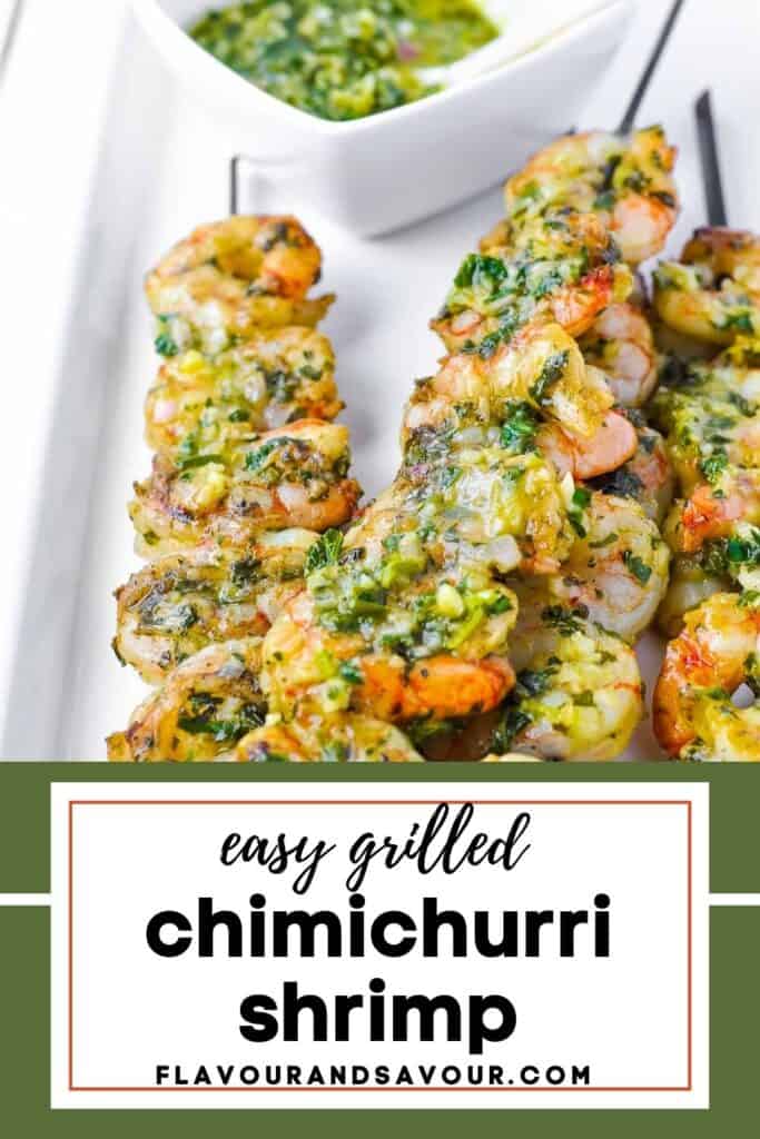 image and text for easy grilled Chimichurri Shrimp skewers.