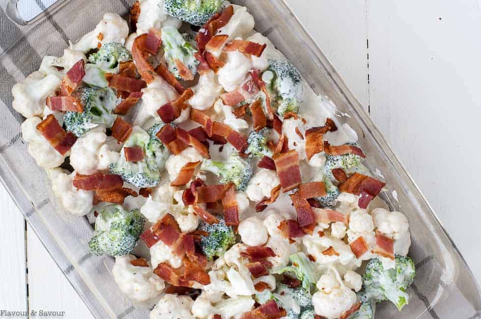 Adding Bacon to Cheesy Broccoli Cauliflower Casserole with Bacon