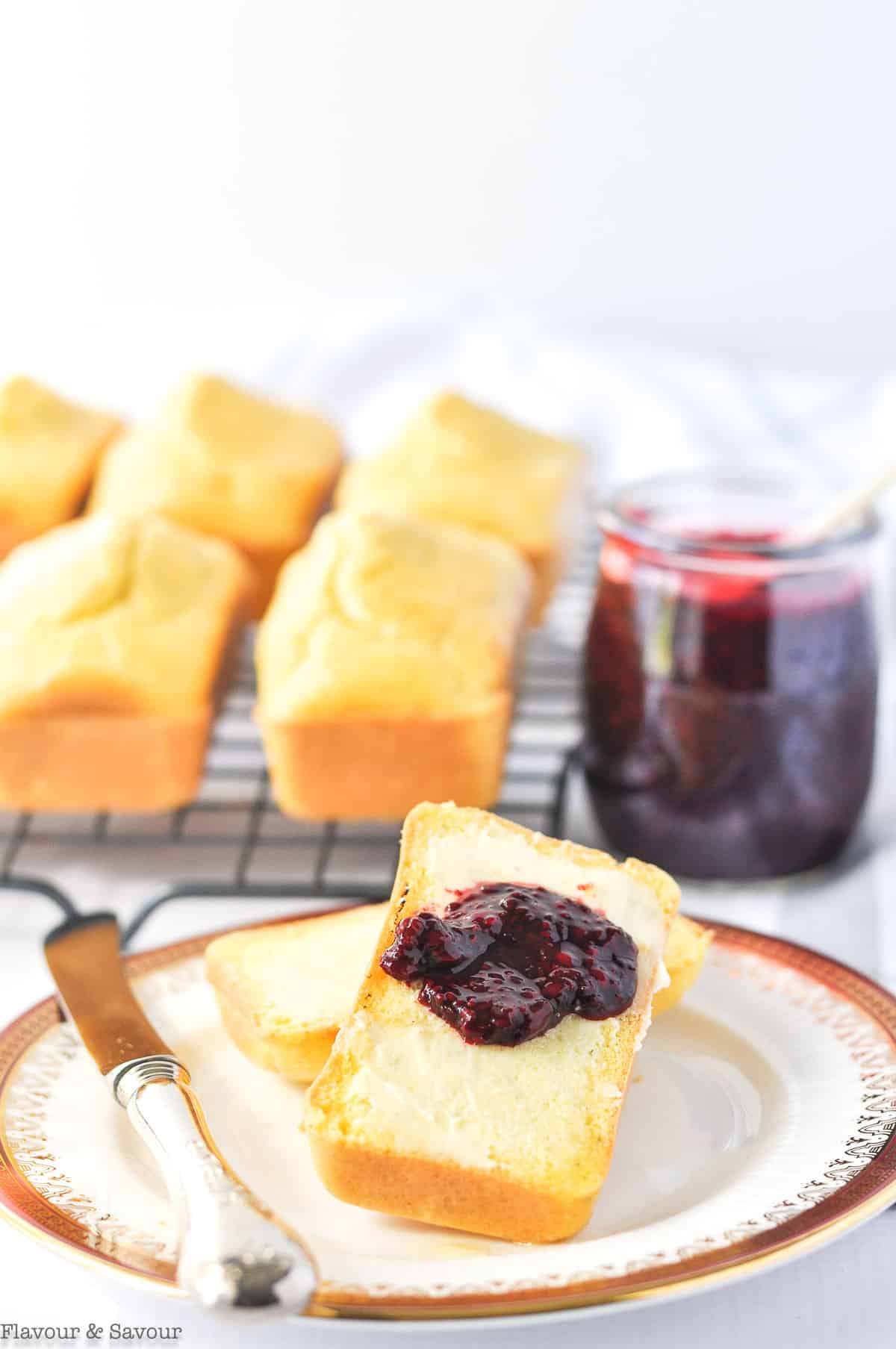 Blackberry Chia Seed Jam on mini loaves of bread