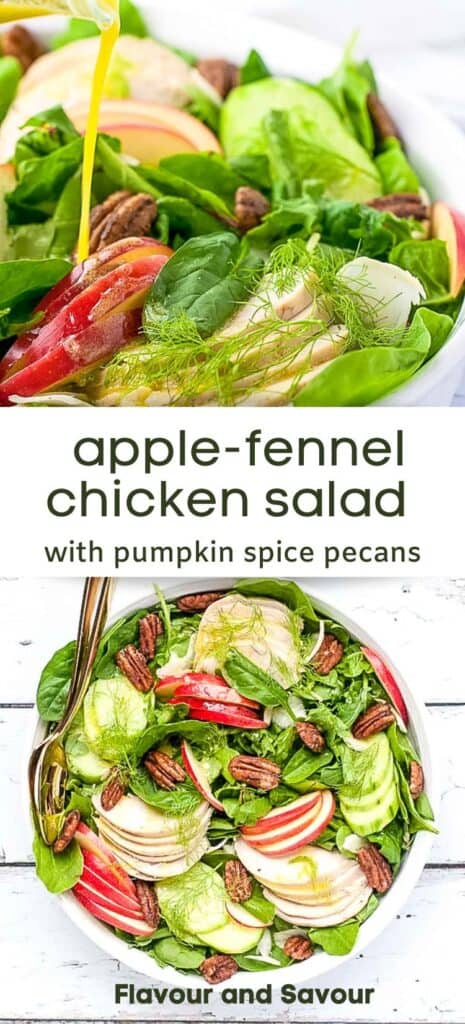 Two images of apple-fennel chicken salad with text overlay.