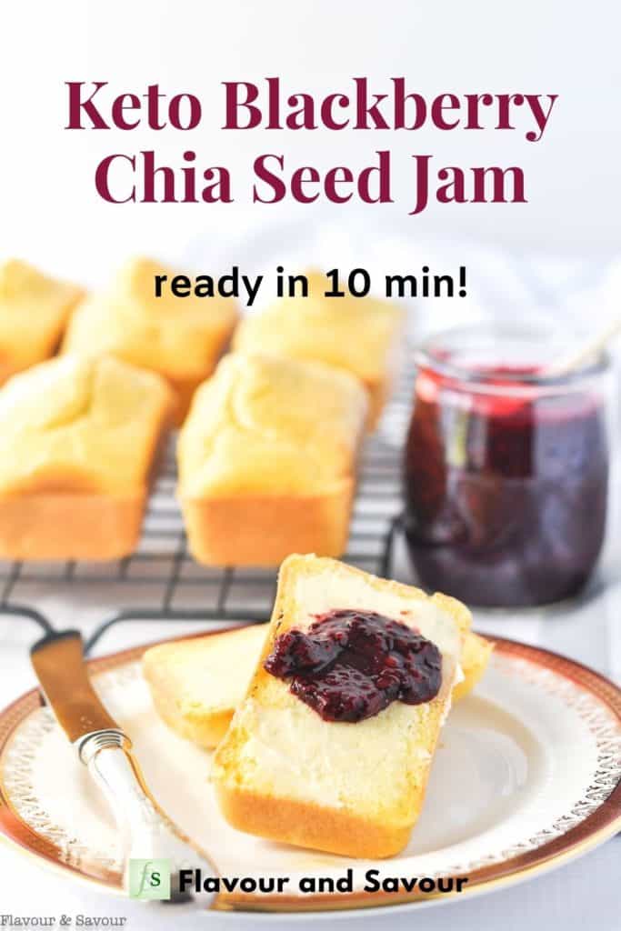 Text overlay on image of blackberry jam with mini loaves
