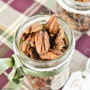 close up view of Pumpkin Spice Pecans in a gift jar