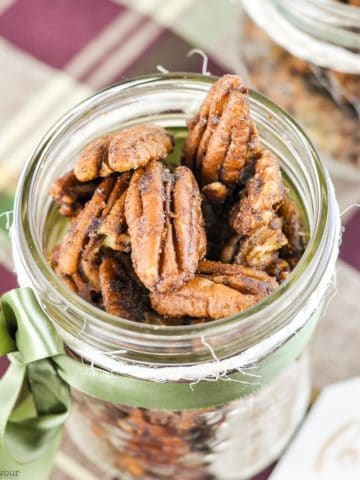 close up view of Pumpkin Spice Pecans in a gift jar