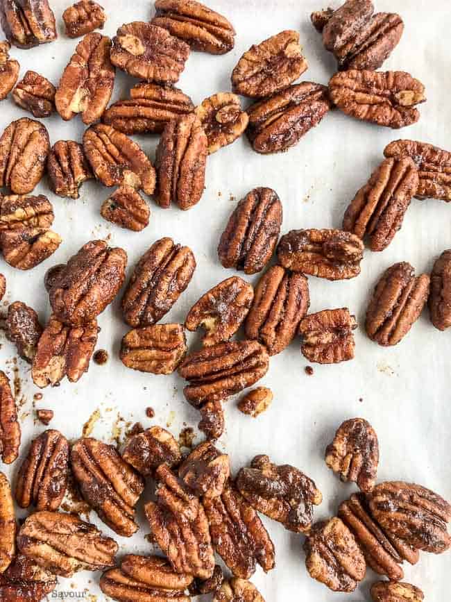 Low-Carb Pumpkin Spice Roasted Pecans on a baking sheet